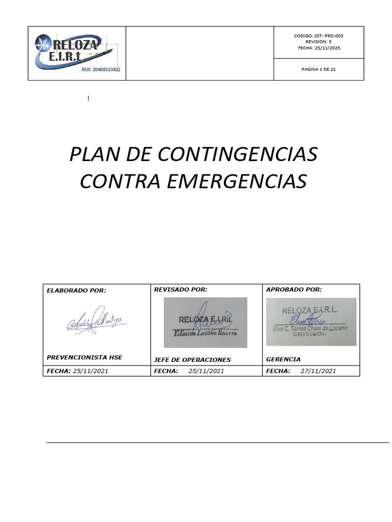 SST-PRO-002 Plan de Contingencia Contra Emergencias | PDF | Emergencia ...