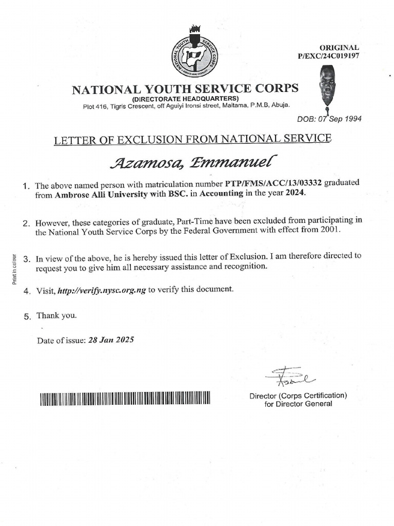 Azamosa Emmanuel Nysc Exemption Certificate | PDF