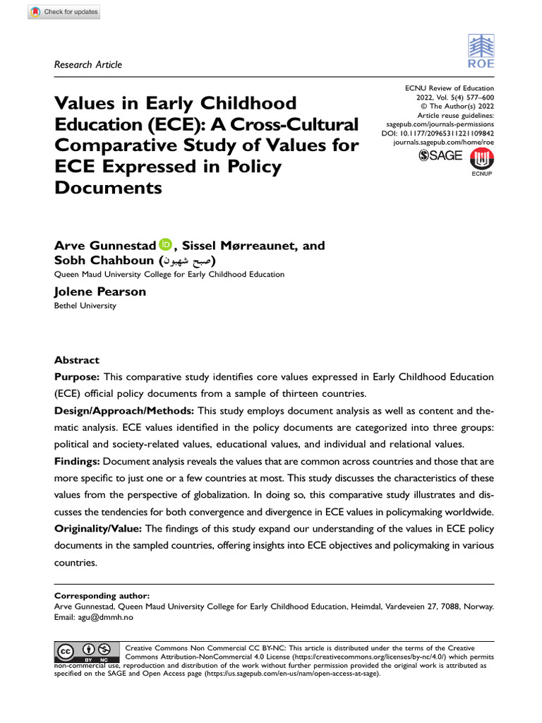 Gunnestad Et Al 2022 Values in Early Childhood Education (Ece) A Cross ...