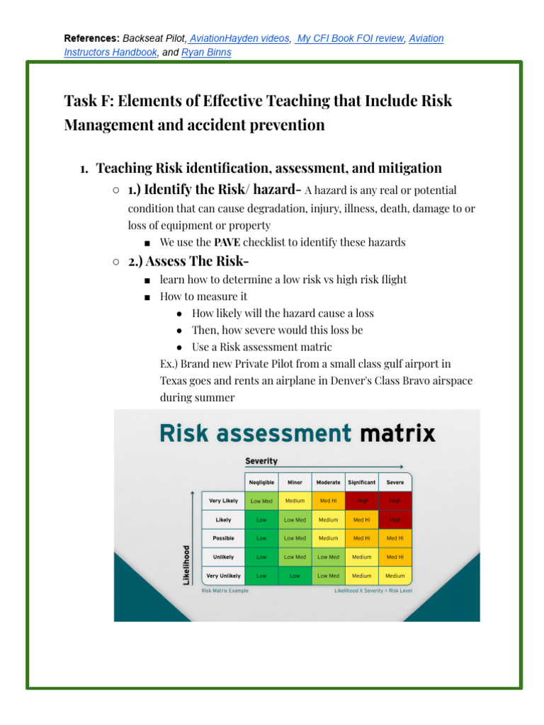 Task F: Elements of Effective Teaching That Include Risk Management and ...