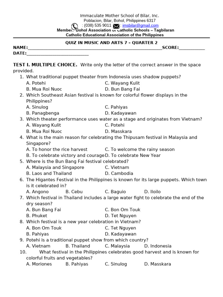 Music and Arts q2 Quiz 2 for 3 | PDF | Puppetry | Performing Arts