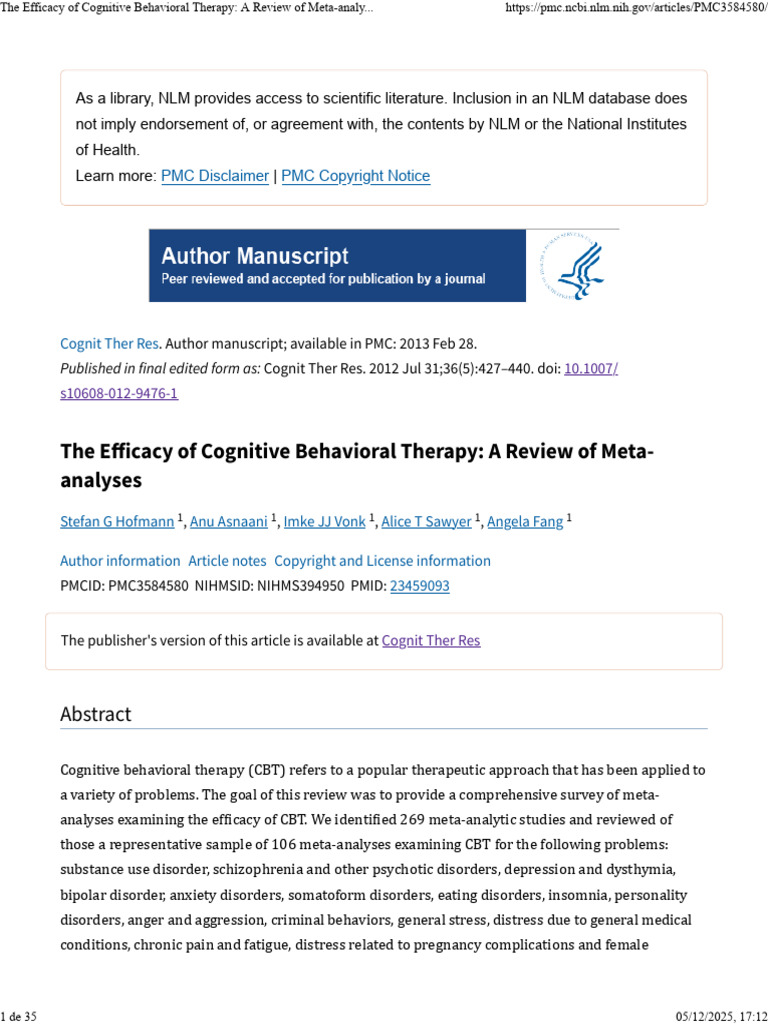 The Efficacy of Cognitive Behavioral Therapy - A Review of Meta ...
