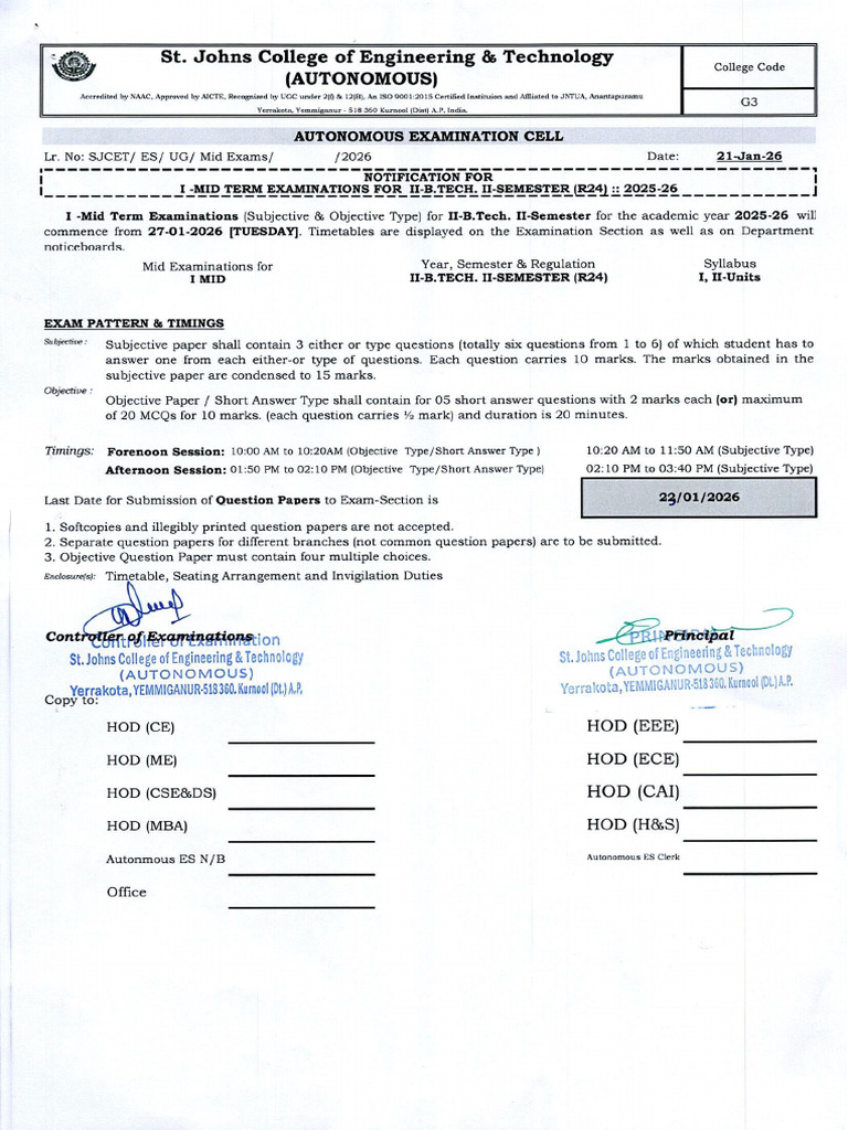 II Btech II Sem I Mid Notification_0001 | PDF