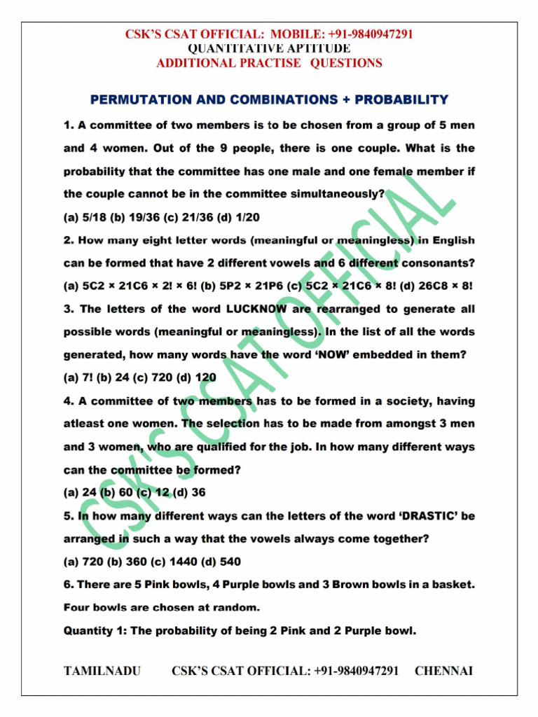 1 Permutation & Combinations & Probability Practise Sheet | PDF