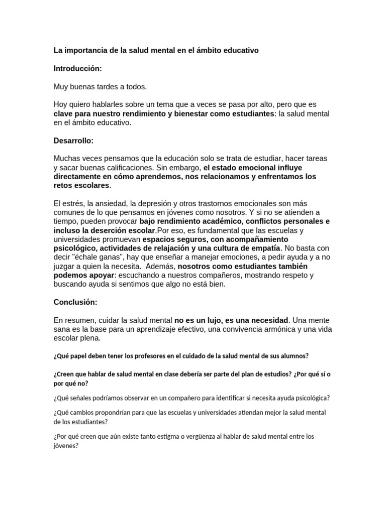 La Importancia de La Salud Mental en El Ámbito Educativo | PDF