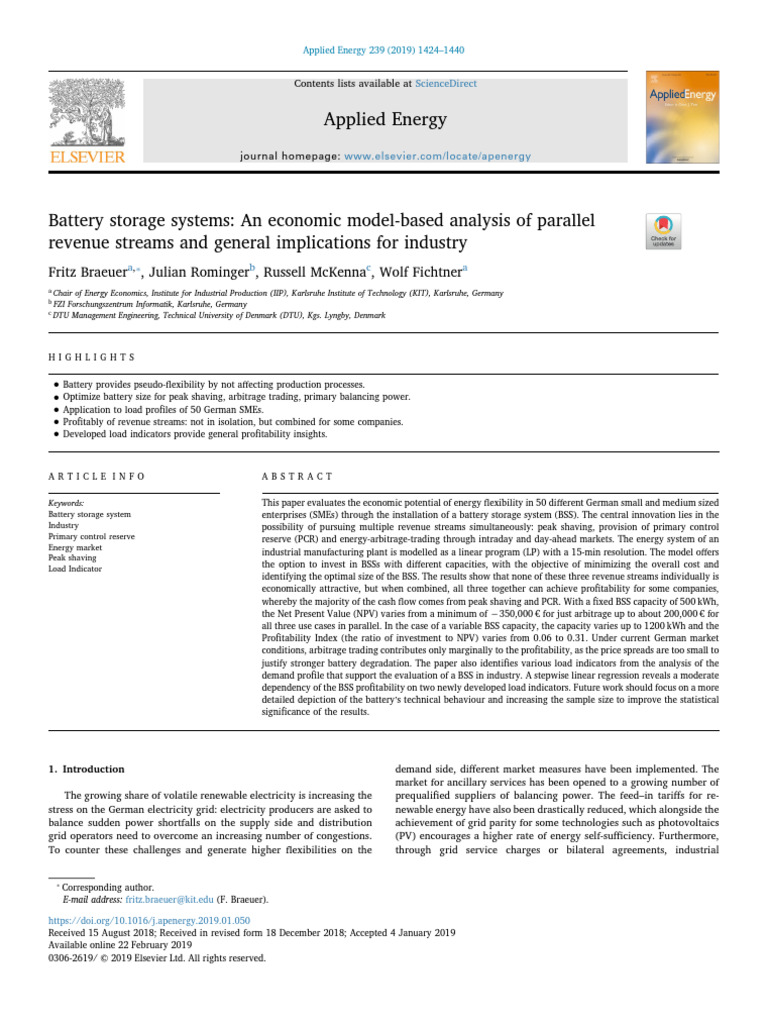 Battery Storage Systems - An Economic Model-Based Analysis of Parallel ...