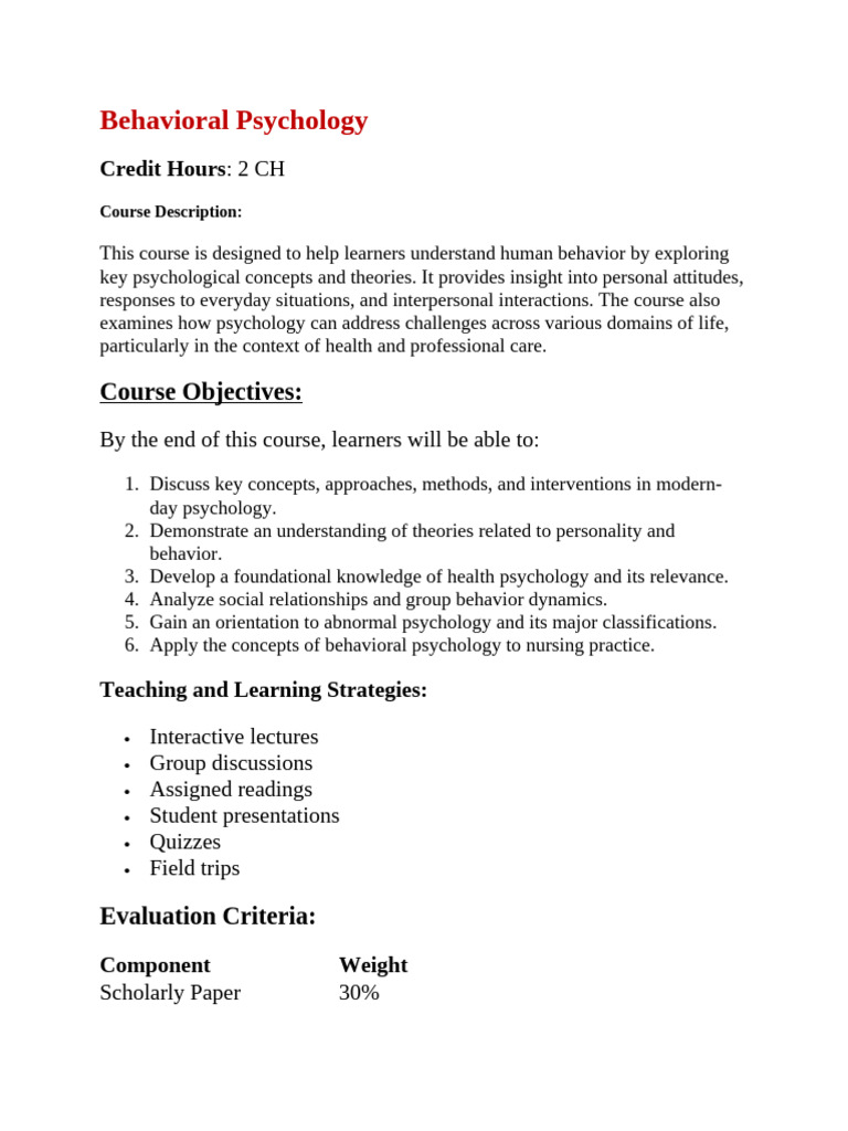COURSE OUTLINE - Behaviral Psycho Ogy | PDF | Chemical Synapse | Synapse