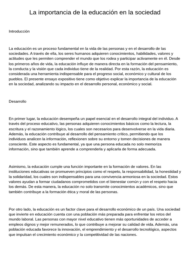 La Importancia de La Educación en La Sociedad | PDF | Sociedad ...