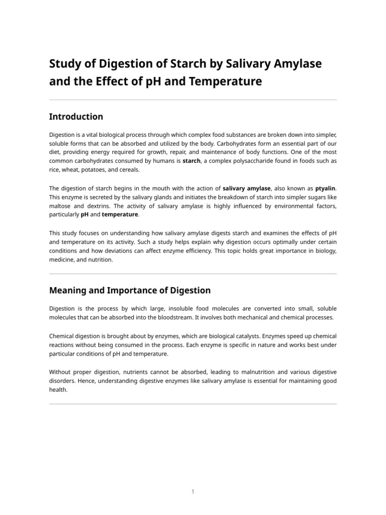 Study of Digestion of Starch by Salivary Amylase and Effect of P H and ...