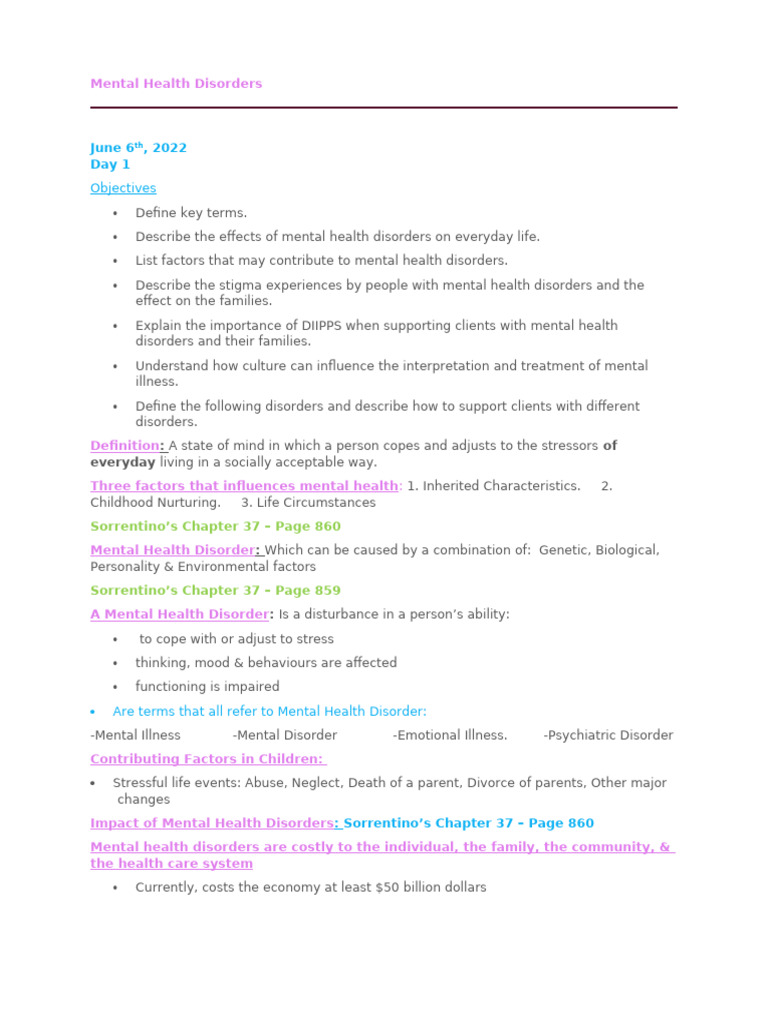 Day 1 - Mental Health Disorders | PDF | Mental Health | Mental Disorder