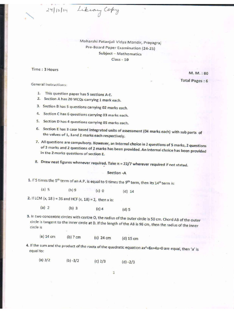 Class 10 TH Pre Board Q.P. 2024-25 - MATHEMATICS | PDF | Circle | Area