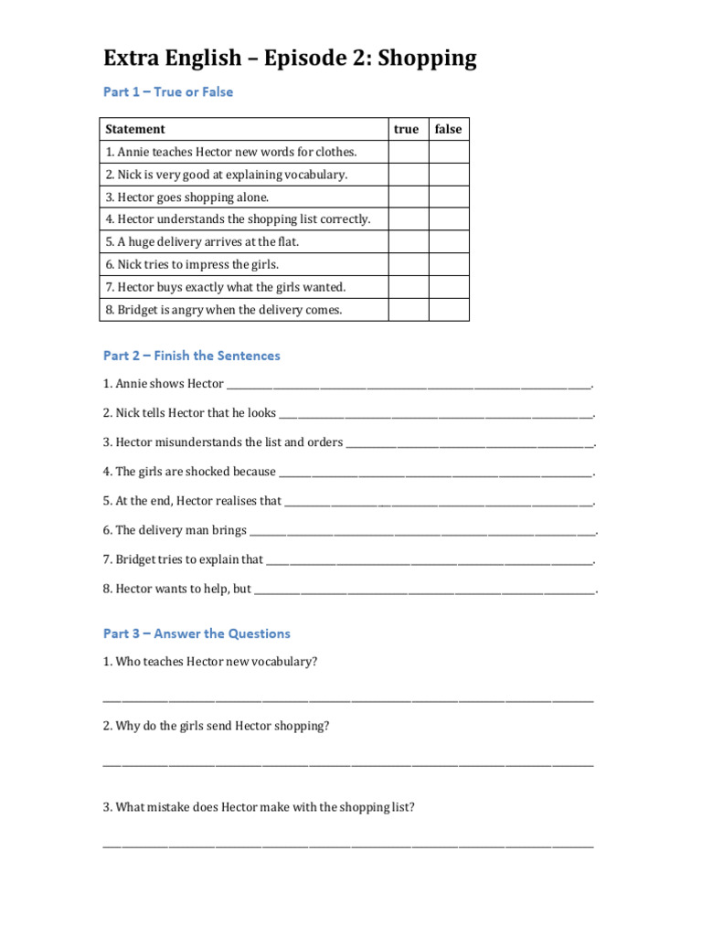 Extra English Episode2 Shopping Worksheet | PDF