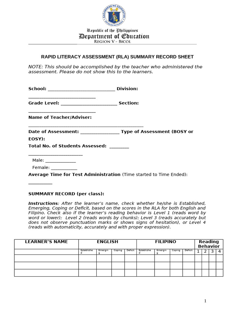 RLA Summary Record Sheet | PDF | Cognitive Psychology | Psychological ...