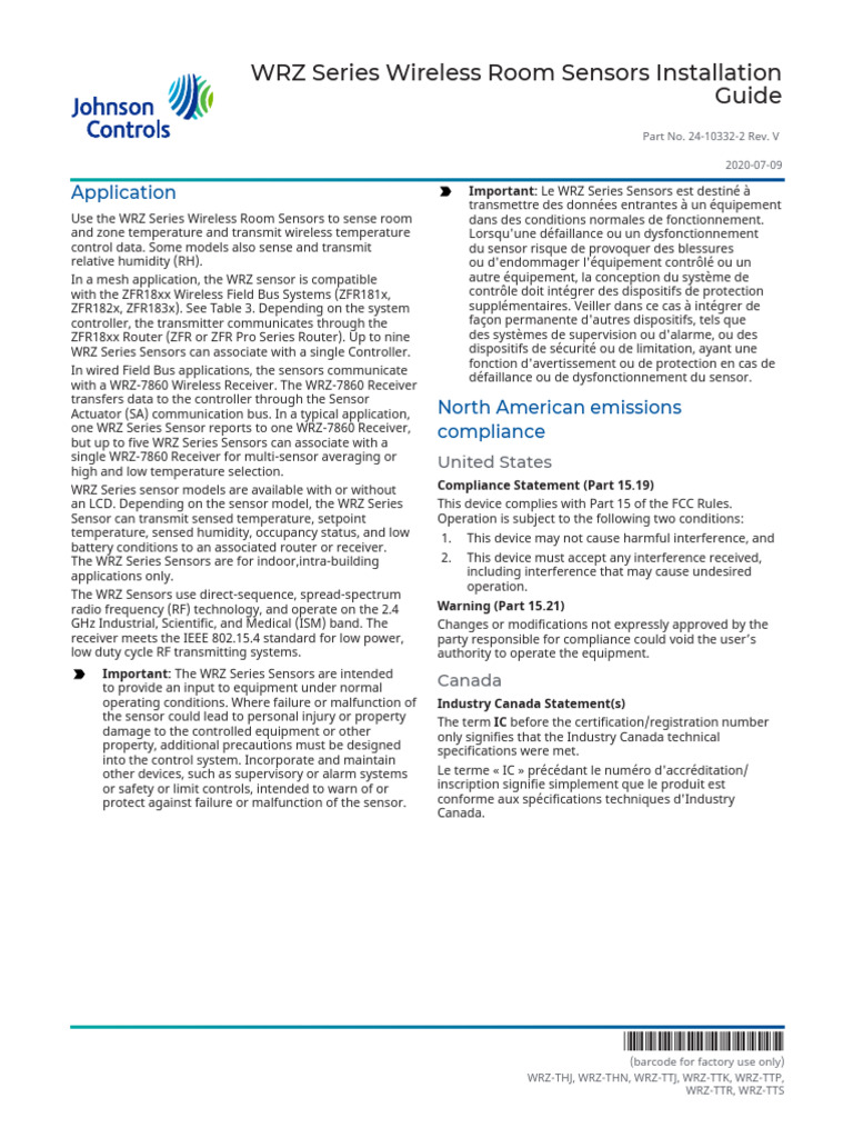 Johnson Controls WRZ - Series Wireless Zone Sensors | PDF | Electrical ...