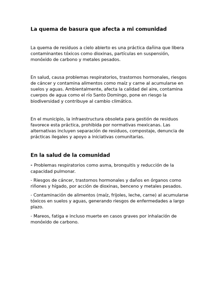 La Quema de Basura Que Afecta A Mi Comunidad | PDF