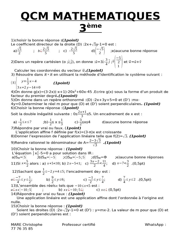 QCM Mathemeatiques | PDF | Coordonnées cartésiennes | Physique mathématique