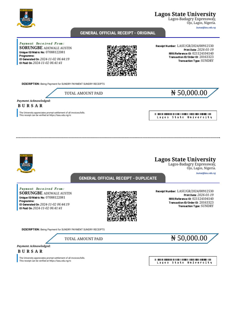 Receipt For Sorungbe Adewale - Payment For Sundry Payment Sundry ...