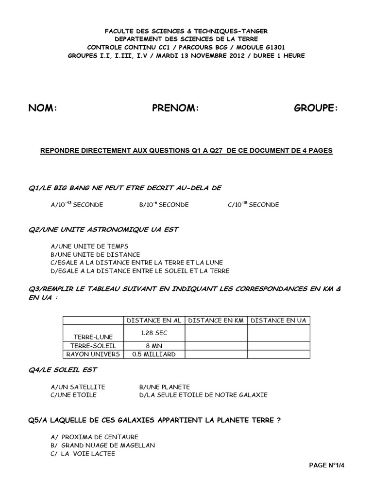CC1 2012 | PDF | Manteau terrestre | Système solaire
