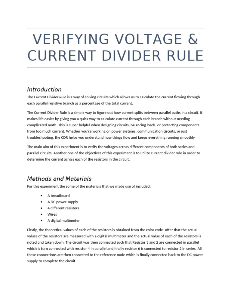 VERIFYING VOLTAGE & CURRENT DIVIDER RULE | PDF | Resistor | Electrical ...