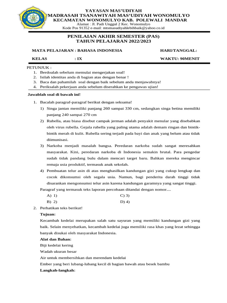 Soal Pas Bahasa Indonesia Kelas Ix | PDF