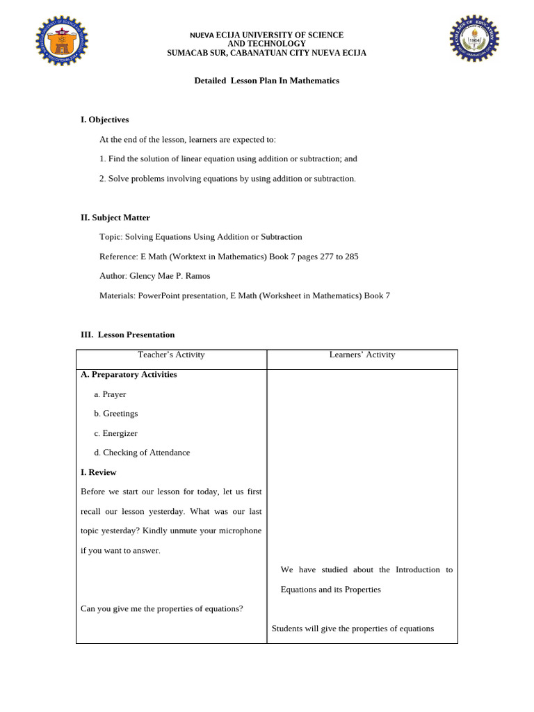 Detailed Lesson Plan in Mathematics | PDF | Equations | Mathematics