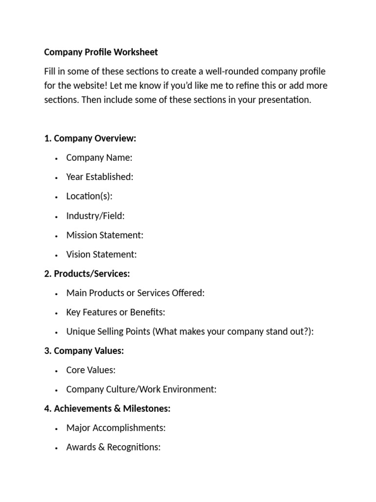 Company Profile Worksheet | PDF