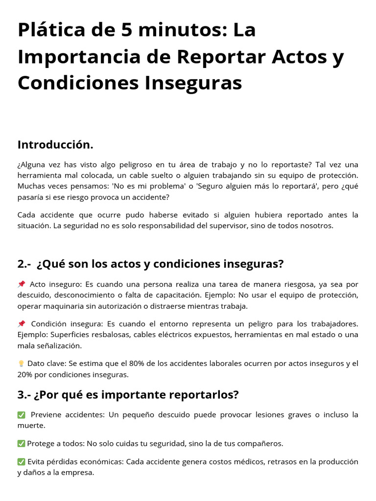 Plática de 5 Minutos La Importancia de Reportar Actos y Condiciones ...