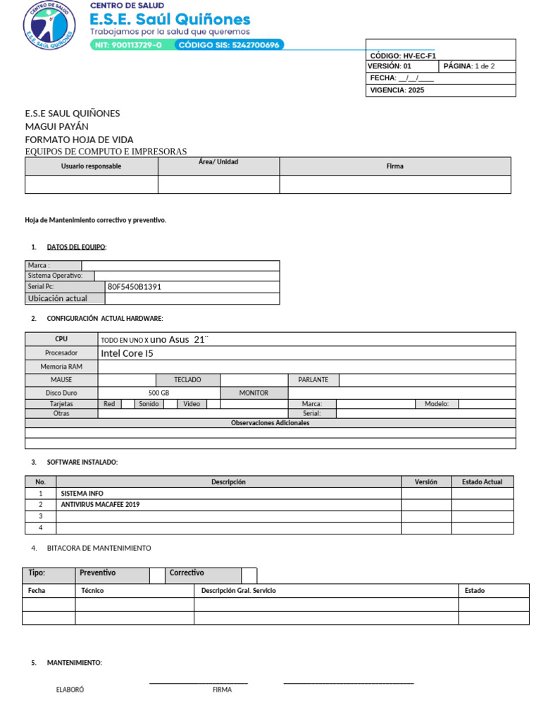 Formato Hoja de Vida Equipos | PDF | Hardware de la computadora ...