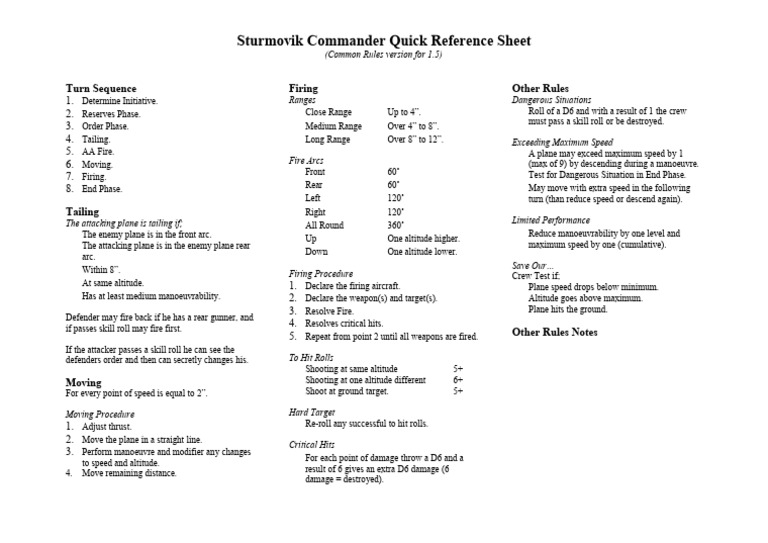 SC_Refrence_Sheet_Common_Rules sturmovik commander | PDF | Aviation