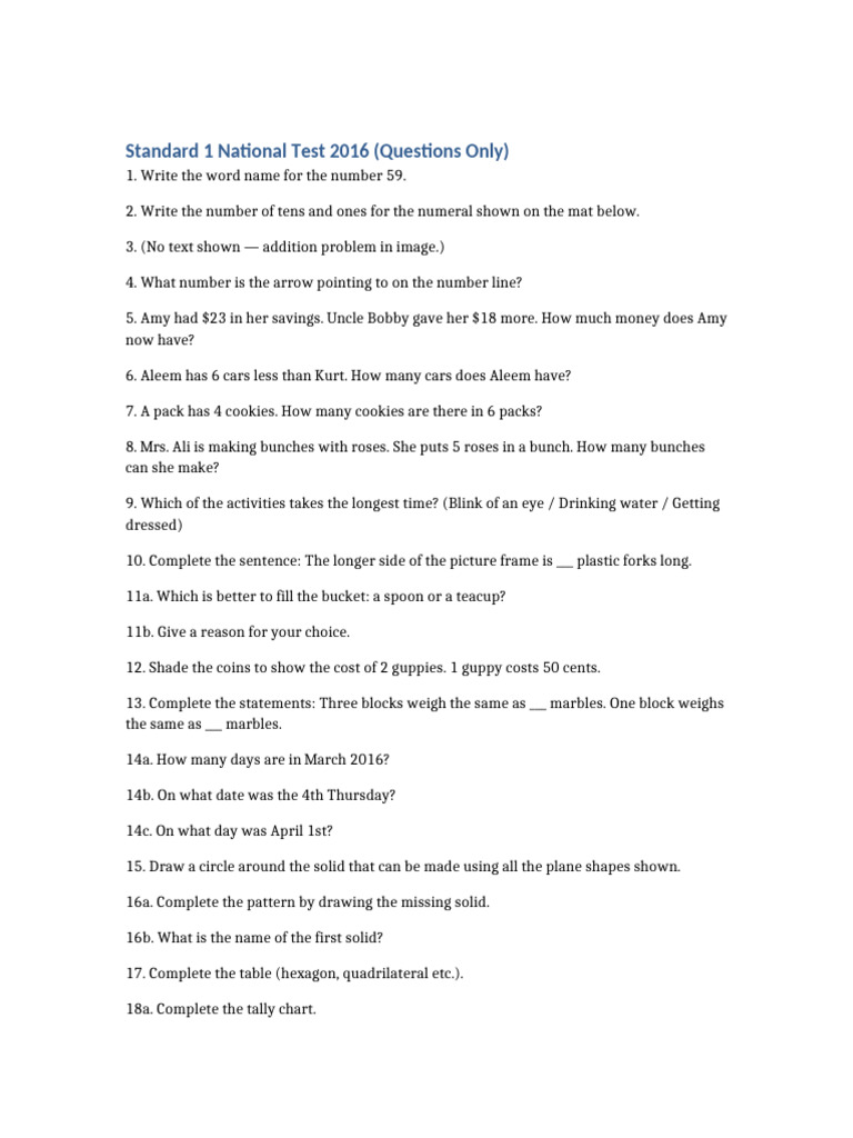 Std1 Test Questions Only | PDF