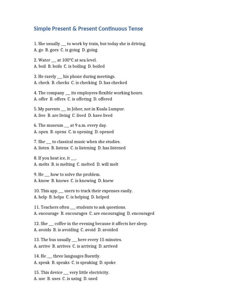Simple Present Vs Present Continuous MCQs | PDF