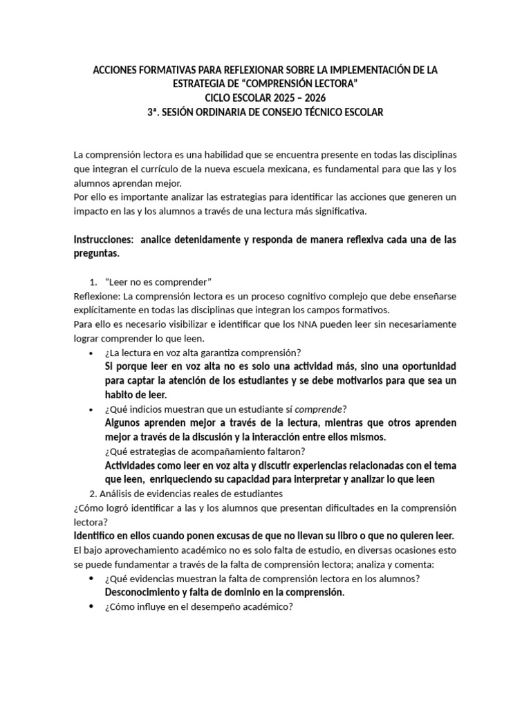 Acciones Formativas de La Comprensión Lectora - Nov. | PDF ...