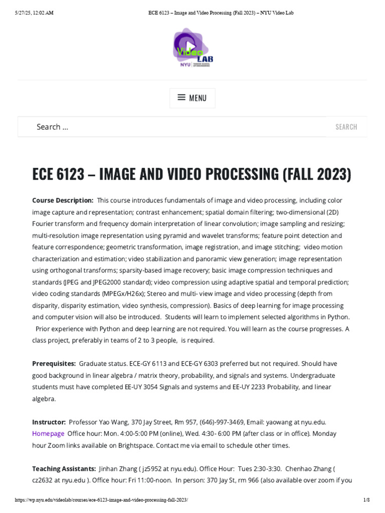 ECE 6123 - Image and Video Processing (Fall 2023) - NYU Video Lab | PDF ...