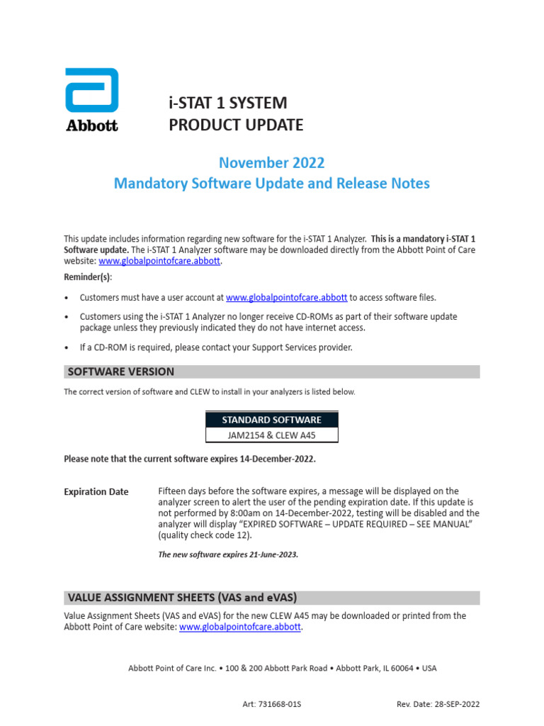 I-STAT 1 Mandatory Software Update and Release Notes | PDF | Software ...