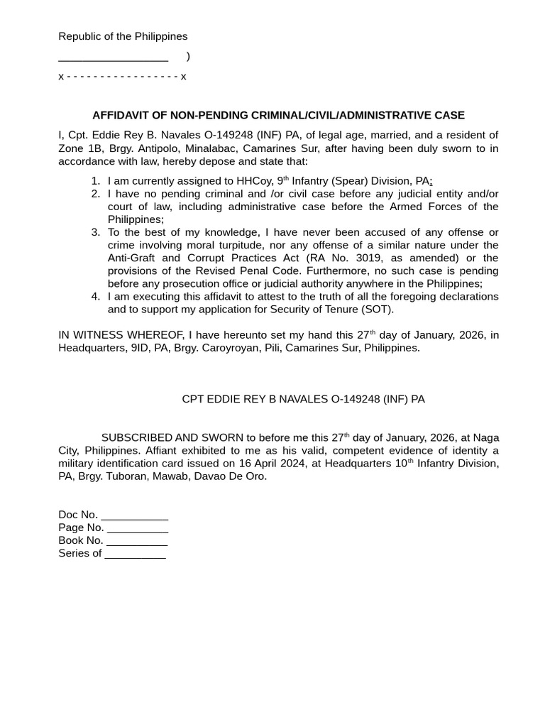 Affidavit of Non Pending Criminal Civil Administrative Case Final | PDF