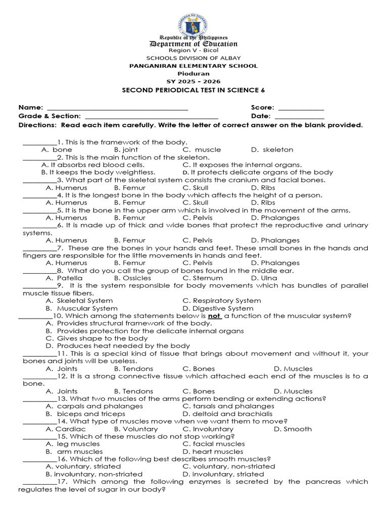 Science 6_periodical Test 2nd Quarter | PDF | Muscle | Digestion