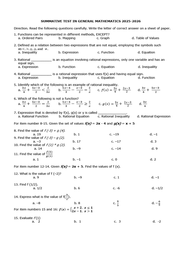 Summative Test in Gen Math 2025-2026docx | PDF | Function (Mathematics ...