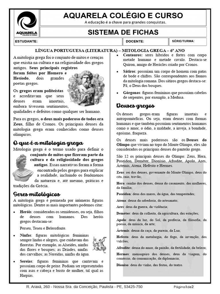 Mitologia Grega - Ficha 1 | PDF | Mitologia grega | Hera