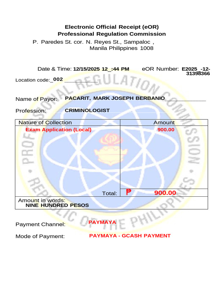 Electronic Official Receipt (eOR) Professional Regulation Commission | PDF