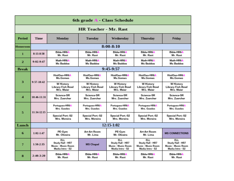 Room Schedule 2025-2026 6th Grade A.xlsx - Google Sheets | PDF