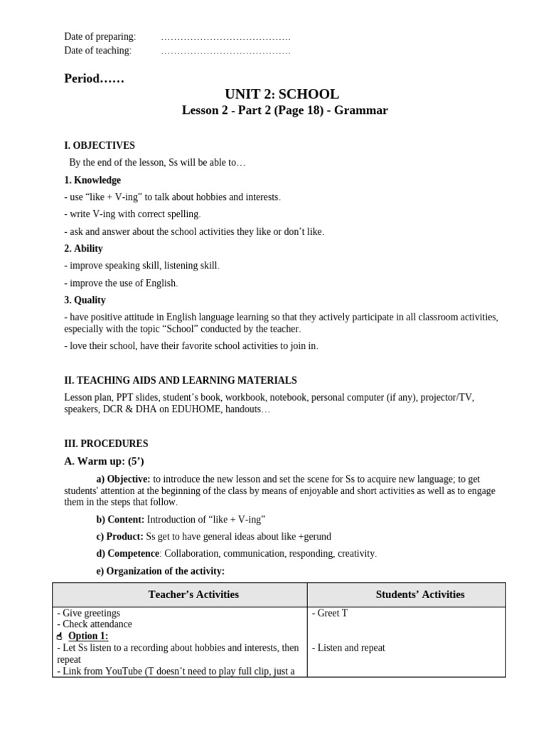 giáo án tiếng anh 6 smart world UNIT 2 - LESSON 2 - PART 2 - Grammar ...