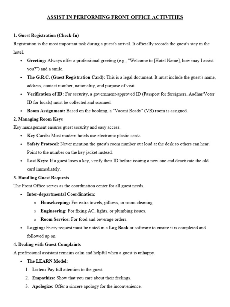 Assist in Performing Front Office Activities Record 1 | PDF ...