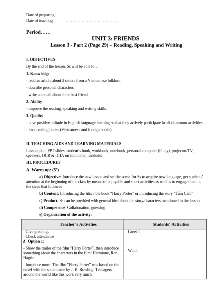 giáo án tiếng anh 6 smart world UNIT 3 - LESSON 3 - PART 2 - Reading ...