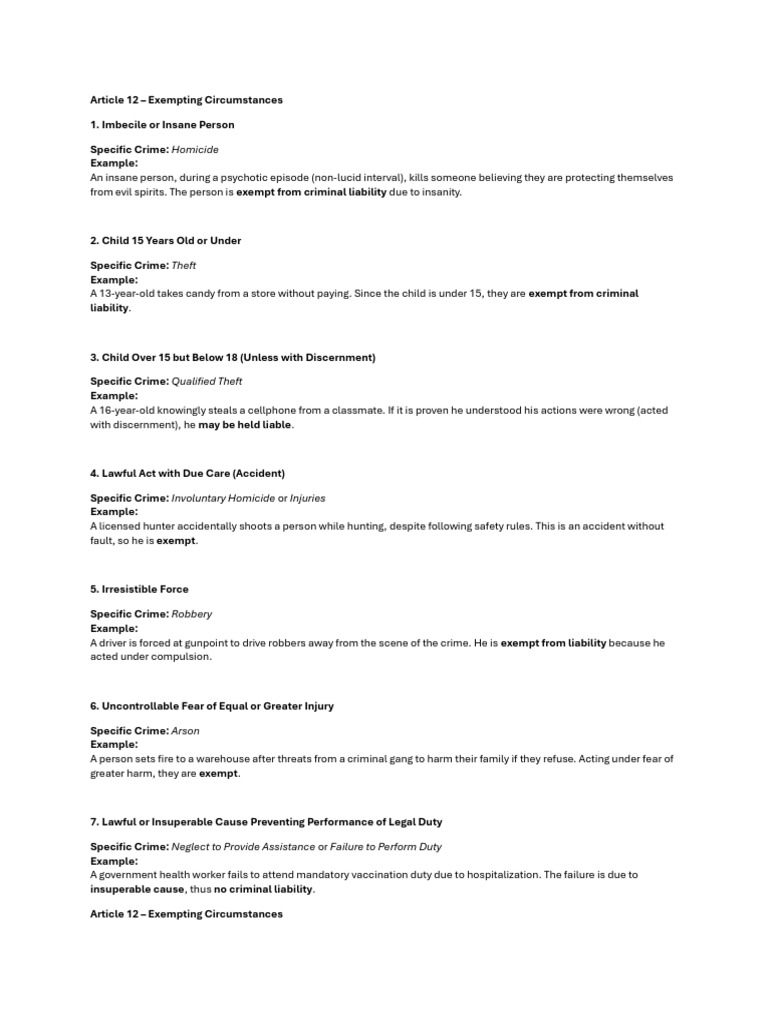 Article 12 Exempting Circumtances Examples | PDF | Legal Liability | Crimes