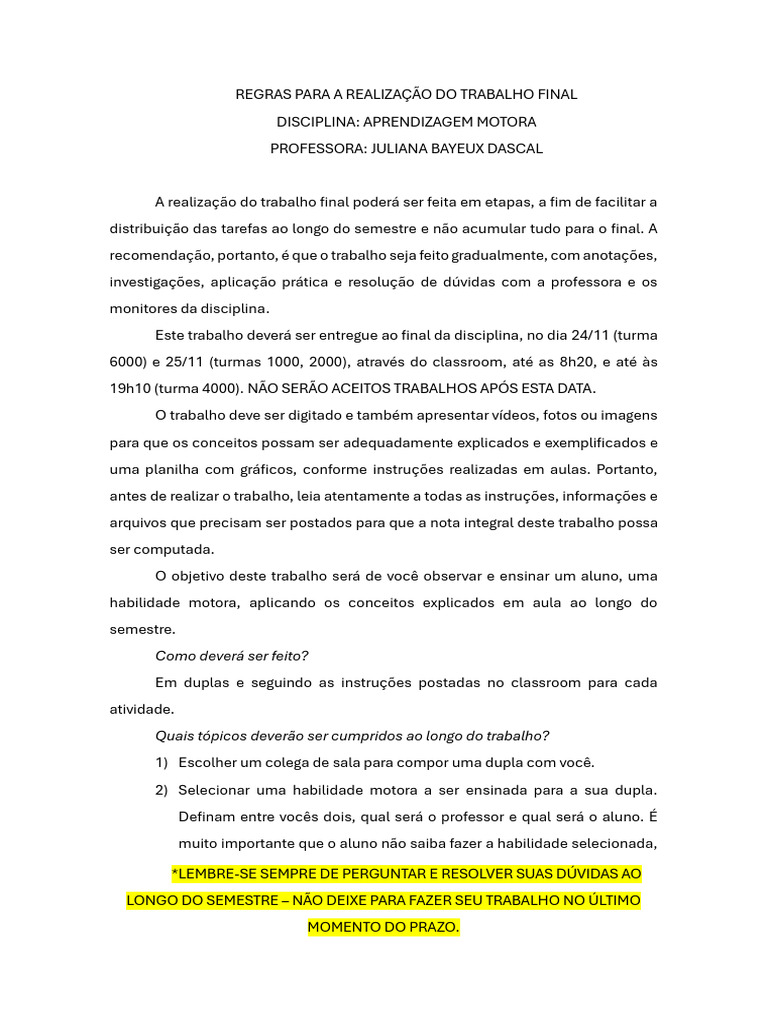 Regras para A Realização Do Trabalho Final | PDF | Aprendizado ...