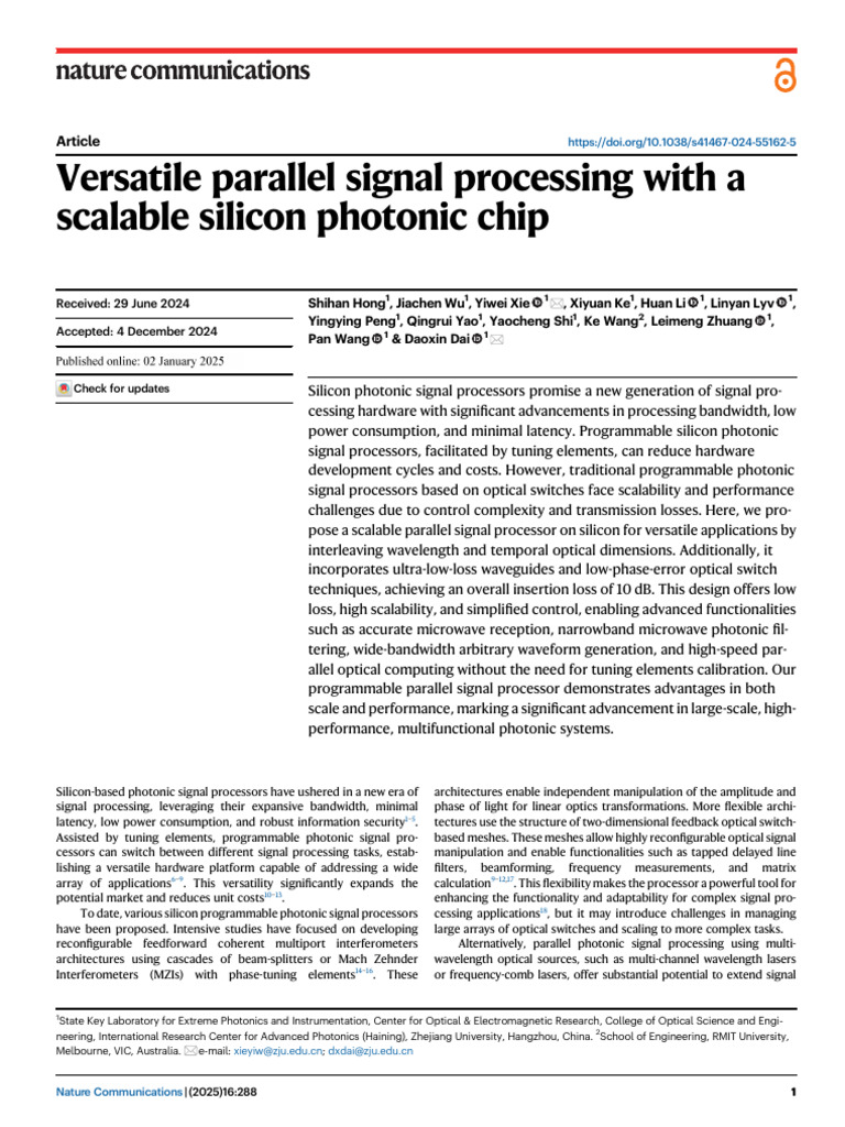 Versatile Parallel Signal Processing With A Scalable Silicon Photonic ...