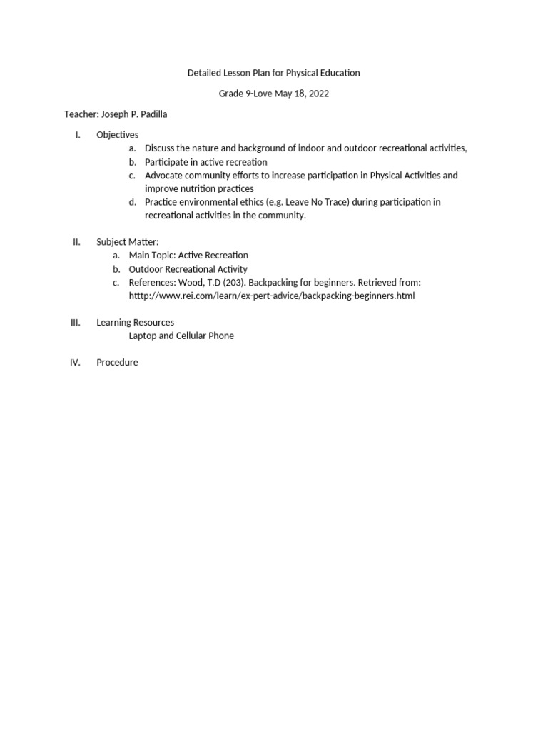 Detailed Lesson Plan For Physical Education | PDF