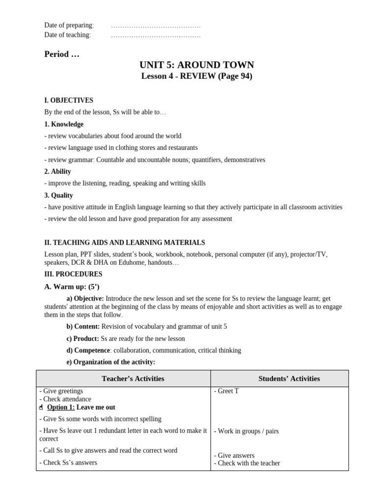 giáo án tiếng anh 6 smart world UNIT 5 - LESSON 4 - REVIEW | PDF ...