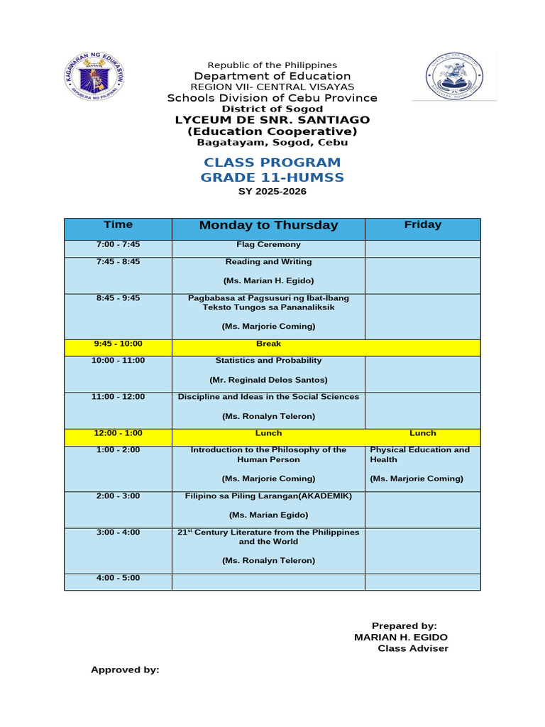Humss Class Program 2nd Semester | PDF | Government