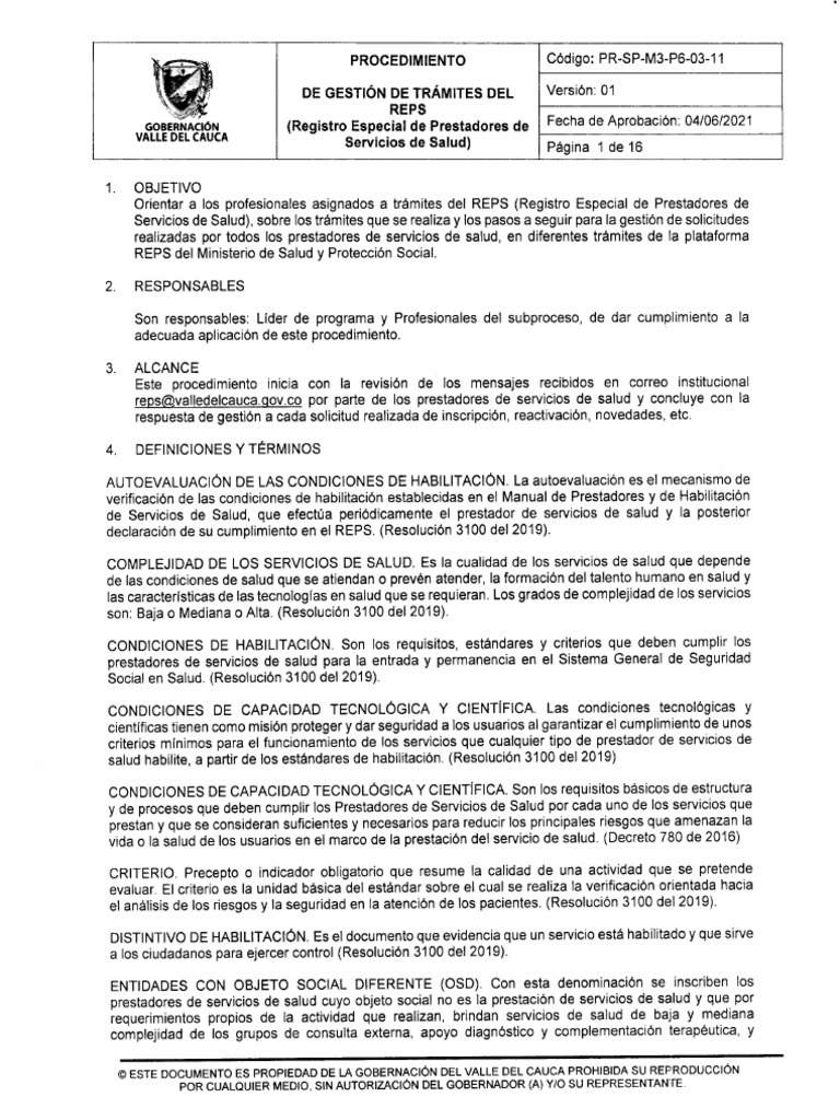 PR-SP-M3-P6-03-11 V01 Gestión trámites del REPS | PDF | Cuidado de la salud